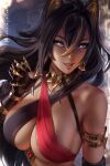  1girl armlet artist_name bangs black_hair blonde_hair blue_eyes blurry blurry_background breasts claw_pose claw_ring cleavage colored_tips criss-cross_halter crossed_bangs dangle_earrings dark-skinned_female dark_skin dated dehya_(genshin_impact) earrings genshin_impact gold_choker hair_between_eyes halterneck hand_up jewelry large_breasts lips looking_at_viewer multicolored_hair olchas parted_lips patreon_username signature slit_pupils smile solo streaked_hair upper_body 