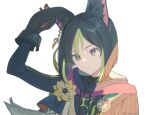  1boy animal_ear_fluff animal_ears asymmetrical_sleeves black_gloves black_hair blue_eyes blunt_ends caq0ch commentary fennec_fox flower fox_boy fox_ears genshin_impact gloves green_hair hair_between_eyes hood hoodie male_focus medal multicolored_hair solo streaked_hair tighnari_(genshin_impact) touching_ears white_background yellow_flower 