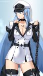  1girl absurdres akame_ga_kill! black_choker blue_eyes blue_hair breasts chain choker cleavage contrapposto cowboy_shot dress esdeath hat highres hioyami holding holding_chain large_breasts long_hair looking_at_viewer military military_hat military_uniform parted_lips peaked_cap short_dress solo tattoo thighhighs thighs uniform very_long_hair white_dress zettai_ryouiki 