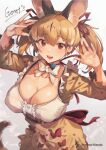 1girl absurdres animal_costume animal_ear_fluff animal_ears belt bow bowtie breasts brown_eyes brown_hair cat_ears cat_girl cat_tail highres iparupua kemono_friends kemono_friends_v_project large-spotted_genet_(kemono_friends) large_breasts long_hair looking_at_viewer microphone open_mouth ribbon shirt simple_background skirt smile solo tail twintails virtual_youtuber 