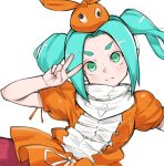  1girl aioi_u aqua_eyes aqua_pupils blue_hair closed_mouth frown googly_eyes hair_intakes hand_up monogatari_(series) object_on_head ononoki_yotsugi puffy_short_sleeves puffy_sleeves short_sleeves simple_background solo split_mouth twintails upper_body v v-shaped_eyebrows white_background 