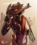  1girl absurdres alternate_costume arcafterdark arrow_(projectile) artist_name bioluminescence breasts cactus colored_skin cowboy_hat cowboy_shot hat hat_tip highres ivara_(warframe) midriff multicolored_skin neckerchief simple_background small_breasts solo twitter_username warframe 
