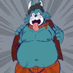  2022 anthro belly big_belly black_nose blush bottomwear cattanooga_cats clothing domestic_cat felid feline felis groove_(cattanooga_cats) hanna-barbera humanoid_hands male mammal moobs navel nipples overweight overweight_male pants ryokun tongue tongue_out topwear vest 
