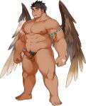  1boy animal_skull another_eidos-r bara black_hair blush brown_wings censored completely_nude dark-skinned_male dark_skin erection facial_mark full_body highres jewelry kuro_nezumi_inu large_pectorals long_sideburns looking_at_viewer male_focus male_pubic_hair mosaic_censoring muscular muscular_male native_american necklace non-web_source nude official_art pants pectorals plump pubic_hair short_hair siddeley_(another_eidos) sideburns solo sweatdrop thick_eyebrows transparent_background tribal wings 