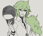  1boy absurdres green_hair greyscale hand_up hat highres holding holding_clothes holding_hat jewelry long_hair looking_at_viewer male_focus monochrome n_(pokemon) necklace open_mouth pokemon pokemon_(game) pokemon_bw smile solo teeth upper_body wristband yo_mo 