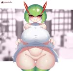  2022 absurd_res blush clothed clothing clothing_lift digital_media_(artwork) eyelashes female front_view gammainks generation_3_pokemon genitals green_clothing green_legwear hi_res kirlia legwear looking_at_viewer navel nintendo nipple_outline pokemon pokemon_(species) pussy smile solo video_games 