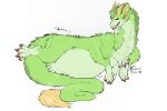  2019 back_tuft belly big_belly black_lips black_sclera brown_claws cheek_tuft claws dated dragon facial_tuft famir_(artist) famir_(character) fluffy fluffy_tail fur furred_dragon green_ears green_hair grey_body grey_fur grin hair horn lips lying male motion_lines neck_tuft on_side pawpads red_pawpads ridged_horn sharp_teeth signature simple_background smile solo teeth tuft white_background yellow_eyes yellow_horn 