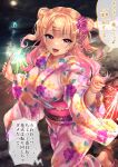  1girl absurdres beach blonde_hair blurry breasts commentary_request depth_of_field double_bun earrings fangs fireworks floral_print flower full_moon gradient_hair gyaru hair_bun hair_flower hair_ornament hairclip highres holding_fireworks iinchou_(shashaki) japanese_clothes jewelry kimono large_breasts lighthouse looking_at_viewer mole mole_under_mouth moon multicolored_hair night obi ocean open_mouth original outdoors pov print_kimono purple_eyes sandals sash shashaki smile solo sparkler tan translation_request twintails water wide_sleeves 
