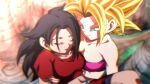  2girls black_hair blonde_hair blurry blurry_background breasts carrying caulifla closed_eyes collarbone dragon_ball dragon_ball_super earrings floating green_eyes jewelry kale_(dragon_ball) long_hair multiple_girls pink_tube_top princess_carry rom_(20) smile spiked_hair strapless super_saiyan tube_top 