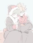  2boys bakugou_katsuki black_coat black_headwear blonde_hair blush boku_no_hero_academia closed_eyes closed_mouth coat commentary crossed_arms cup freckles fur-trimmed_headwear green_eyes green_hair grey_background hat highres holding holding_cup leaning_on_person long_sleeves looking_at_another midoriya_izuku multiple_boys nugunasutu official_alternate_costume open_mouth red_scarf scarf short_hair simple_background sitting smile spiked_hair steam 