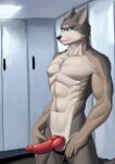  2022 abs absurd_res animal_genitalia animal_penis anthro balls blue_eyes canid canine canine_penis canis clothing erection genitals hand_on_leg hand_on_thigh hi_res locker_room looking_at_viewer male mammal muscular penis simple_background solo underwear undressing vein veiny_penis wolf za-owl 