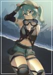  1girl absurdres bangs belt blue_eyes blue_hair breasts cleavage compression_sleeve crop_top fingerless_gloves gloves goggles goggles_around_neck highres kawashiro_nitori knee_pads medium_hair midriff naufaldreamer navel pocket short_twintails shorts sidelocks solo touhou twintails two_side_up 