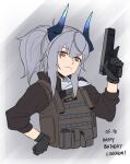  1girl arknights black_gloves black_shirt brown_vest character_name dated dokonjou_(odossan) dragon_girl dragon_horns frown gloves grey_background grey_hair gun hand_on_hip hand_up handgun happy_birthday holding holding_gun holding_weapon horns liskarm_(arknights) long_sleeves looking_at_viewer orange_eyes ponytail shirt simple_background solo split_mouth tactical_clothes trigger_discipline vest weapon 