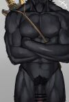  2022 abs anthro balls censored circumcised crossed_arms felid flaccid genitals humanoid_genitalia ineffective_censorship inubikko male mammal melee_weapon navel pantherine pecs penis pubes sheathed_weapon simple_background solo standing sword tagme torso_shot weapon 