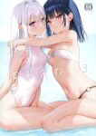  2girls absurdres bangs bare_shoulders bikini blush breasts cover cover_page covered_navel doujin_cover hair_ornament hairclip highleg highleg_bikini highleg_swimsuit highres hug ichigo-chan_(mignon) long_hair looking_at_viewer medium_breasts medium_hair mignon multiple_girls navel o-ring o-ring_bikini one-piece_swimsuit original parted_lips purple_eyes red_eyes scan shiny shiny_hair shiny_skin shiro-chan_(mignon) simple_background sitting small_breasts smile stomach swimsuit thighs water water_drop wet white_background white_hair 