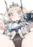  1girl aioi_u armor artist_name bangs blonde_hair blue_eyes blunt_bangs brown_panties legiana_(armor) long_hair looking_at_viewer monster_hunter:_world monster_hunter_(character) monster_hunter_(series) panties pointy_ears simple_background solo spread_legs teeth twintails underwear v white_background 