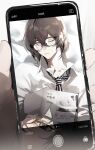  2boys absurdres akechi_gorou amamiya_ren black_hair book camera cellphone cellphone_picture closed_eyes closed_mouth collared_shirt glasses grey_eyes hair_between_eyes highres holding holding_phone male_focus multiple_boys official_alternate_hairstyle persona persona_5 persona_5_the_royal phone qi_id_wuneng shirt short_hair sleeping smartphone taking_picture white_shirt 