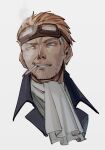  1boy ascot blonde_hair blue_eyes blue_jacket cid_highwind cigarette facial_hair final_fantasy final_fantasy_vii goggles goggles_on_head grin hair_slicked_back jacket looking_to_the_side male_focus oimo_(oimkimn) portrait short_hair smile smoke smoking solo stubble teeth white_ascot white_background 