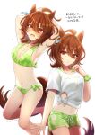  1girl :o agnes_tachyon_(umamusume) ahoge animal_ears arms_behind_head arms_up bangs bikini blush breasts brown_eyes brown_hair cleavage earrings emil1030_blue gaze_on_me!_outfit_(umamusume) green_bikini halterneck hand_up highres horse_ears horse_girl horse_tail jewelry looking_at_viewer male_swimwear medium_hair midriff multiple_views navel open_mouth scrunchie shirt short_sleeves single_earring small_breasts sweat swim_trunks swimsuit tail tied_shirt translation_request twitter_username umamusume v-shaped_eyebrows white_background white_shirt wrist_scrunchie 