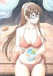  1girl alternate_breast_size bikini black_hair blue_eyes breasts crab food hairband highres kantai_collection large_breasts long_hair looking_to_the_side nijiboushi ooyodo_(kancolle) painting_(medium) red_bikini shaved_ice side-tie_bikini_bottom swimsuit traditional_media watercolor_(medium) 
