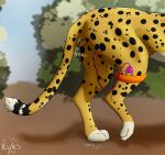  ambiguous_fluids ambiguous_gender butt cheetah domestic_cat felid feline felis feral hi_res mammal rear_focus ryks sex_toy solo solo_focus vibrator 