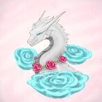  blue_eyes dragon eyelashes female feral flower grey_body jewelry looking_at_viewer necklace nuree_art plant rose_(flower) scalie silver_body simple_background solo western_dragon white_body 