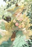 1girl :d ^_^ absurdres animal animal_ear_fluff animal_ears arknights bag black_cat blonde_hair blue_dress blue_hairband blurry blurry_background blush bouquet cat closed_eyes commentary_request depth_of_field dress facing_viewer flower fox_ears fox_girl fox_tail frilled_dress frilled_hairband frills hairband highres innoarukugyou jacket kitsune long_hair long_sleeves luoxiaohei object_hug on_head pink_flower pink_rose puffy_long_sleeves puffy_sleeves rose shoulder_bag smile suzuran_(arknights) tail teeth the_legend_of_luo_xiaohei upper_teeth very_long_hair white_flower white_jacket white_rose yellow_flower yellow_rose 