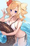  1girl absurdres beach bikini blonde_hair blue_eyes breast_press breasts cleavage cowboy_shot day drill_hair flower hair_flower hair_ornament highres honolulu_(kancolle) inflatable_toy innertube kantai_collection large_breasts long_hair picoli1313 smile solo swimsuit twin_drills twintails v white_bikini 
