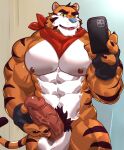  2022 abs absurd_res anthro balls barazoku biceps big_balls big_muscles big_penis cellphone claws clothing erection eyebrows felid fingerless_gloves frosted_flakes fur genitals gloves handwear hi_res holding_object holding_phone huge_balls huge_muscles huge_penis humanoid_genitalia humanoid_penis istani kellogg&#039;s kemono male mammal mascot muscular muscular_anthro muscular_male navel neckerchief nipples nude obliques pantherine pecs penis phone pubes simple_background smartphone smile solo standing taking_picture teeth thick_penis tiger tongue tony_the_tiger tuft vein veiny_penis 