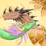  aetherioux_(nuree_art) asian_mythology brown_body brown_horn cuddling dragon duo east_asian_mythology eastern_dragon eyes_closed female feral green_body hair horn leaf male mythology naya_(nuree_art) nuree_art pink_hair romantic romantic_couple scalie simple_background western_dragon white_eyes yellow_body yellow_horn 