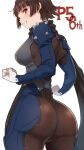  1girl ass bangs blunt_bangs bodysuit breasts brown_hair clenched_hands corset cowboy_shot from_behind gloves grin highres kurosususu light_blush long_scarf long_sleeves looking_at_viewer looking_back medium_hair niijima_makoto persona persona_5 red_eyes scarf shoulder_spikes simple_background smile solo spikes white_background 