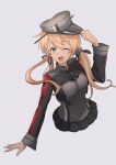  1girl absurdres anchor_hair_ornament aqua_eyes black_skirt blonde_hair commentary_request cropped_torso cross gloves hair_ornament hat highres iron_cross kantai_collection long_hair low_twintails microskirt military military_uniform nijizuki_shino one_eye_closed peaked_cap pleated_skirt prinz_eugen_(kancolle) skirt smile solo twintails uniform upper_body white_gloves 