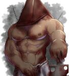  1boy abs absurdres artist_name bara biceps blood blood_on_arm blood_on_chest blood_on_clothes blood_on_weapon chain dead_by_daylight feet_out_of_frame highres kaido_(62145659) large_pectorals machete male_focus manly mature_male muscular muscular_male nipples pectorals pyramid_head signature silent_hill_(series) simple_background skirt solo thick_arms topless_male weapon white_background 