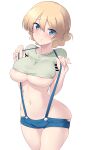  1girl absurdres areola_slip blonde_hair blue_eyes blush braid breasts closed_mouth clothes_lift commentary_request crop_top darjeeling_(girls_und_panzer) french_braid girls_und_panzer green_shirt highres kuzuryuu_kennosuke large_breasts looking_at_viewer micro_shorts navel no_bra shiny shiny_skin shirt shirt_lift shorts simple_background skindentation slingshot_swimsuit smile solo strap_lift suspenders swimsuit underboob upper_body white_background 