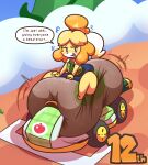  animal_crossing anthro blush dialogue diaper feces female hi_res hyper isabelle_(animal_crossing) nintendo rosycozy soiling solo video_games 