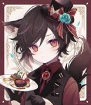  1boy animal_ear_fluff animal_ears bangs beef black_gloves black_hair black_headwear card card_background cat_boy cat_ears cat_tail child commentary formal frown gloves hat highres looking_at_viewer male_child male_focus namiki_itsuki original roast_beef short_hair solo symbol-only_commentary tail 