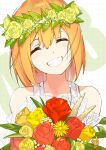 1girl :d absurdres bangs bare_shoulders blush bouquet closed_mouth collarbone commentary_request facing_viewer flower flower_wreath go-toubun_no_hanayome hair_between_eyes hair_flower hair_ornament head_tilt highres holding holding_bouquet medium_hair nakano_yotsuba open_mouth rose shirt smile solo tokyokyuuden white_shirt yellow_flower yellow_rose 