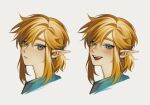 1boy absurdres blonde_hair blue_eyes blue_shirt blush earrings frown grey_background hair_between_eyes highres jewelry link looking_at_viewer low_ponytail male_focus medium_hair montaro multiple_views open_mouth pointy_ears portrait shirt sidelocks smile solo teeth the_legend_of_zelda the_legend_of_zelda:_breath_of_the_wild upper_teeth 