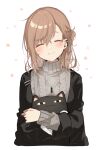  1girl :3 absurdres animal bangs black_jacket blush braid brown_hair cat closed_eyes closed_mouth ear_piercing facing_viewer floral_background genderswap genderswap_(mtf) grey_sweater hair_between_eyes happy highres holding holding_animal holding_cat jacket jewelry kanae_(nijisanji) long_hair long_sleeves necklace nijisanji piercing roto_(kanae) side_braid signature simple_background slit_pupils smile sofra solo sweater swept_bangs twitter_username upper_body virtual_youtuber watermark white_background 