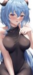  1girl adjusting_clothes bangs bare_arms bare_shoulders between_legs black_bodysuit black_leotard blue_hair blush bodysuit bodysuit_under_clothes breasts breath embarrassed ganyu_(genshin_impact) genshin_impact goat_horns hand_between_legs highres horns kikata_(hata_nanokana) large_breasts leotard long_hair looking_at_viewer parted_lips purple_eyes raised_eyebrows simple_background solo sweat thighs wet white_background 