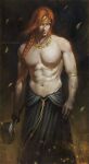  1boy abs black_skirt braid brown_background elden_ring gradient gradient_background hammer highres holding holding_hammer jewelry long_hair male_focus navel necklace nipples radagon_of_the_golden_order red_hair signature skirt solo teradiam topless_male yellow_eyes 