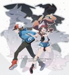  1boy 1girl anniversary bag baseball_cap black_vest blue_eyes blue_jacket brown_hair cocoloco commentary_request copyright_name denim denim_shorts hat high_ponytail hilbert_(pokemon) hilda_(pokemon) holding holding_poke_ball jacket long_hair long_sleeves messenger_bag open_mouth poke_ball poke_ball_(basic) poke_ball_print pokemon pokemon_(creature) pokemon_(game) pokemon_bw red_footwear red_headwear reshiram shirt shoes short_hair shorts shoulder_bag sidelocks sleeveless sleeveless_shirt vest white_shirt wristband zekrom 