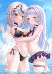  2girls :o absurdres asymmetrical_docking bikini bikini_skirt black_choker black_collar blue_sky bow breast_press breasts choker closed_mouth cloud collar day frilled_bikini frills grey_hair hairband hand_up highres hololive large_breasts layered_bikini lens_flare looking_at_viewer multiple_girls murasaki_shion navel off_shoulder outdoors parted_lips plaid plaid_bow purple_hair red_eyes sakamata_chloe shirt side-tie_bikini_bottom skindentation sky small_breasts stomach sunlight swimsuit thigh_strap thighs user_stst8732 virtual_youtuber wet wet_clothes wet_shirt white_hair white_shirt yellow_eyes 