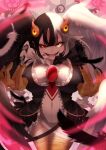  1girl absurdres animal_hands bangs bird_legs black_hair black_souls breasts claws fangs feathered_wings frills gears hair_between_eyes harpy head_wings heterochromia highres jubjub_(black_souls) kurobane444 large_breasts monster_girl multicolored_hair open_mouth red_eyes short_hair smile solo split-color_hair two-tone_hair white_hair wings yellow_eyes 