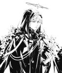  1boy absurdres arknights bishounen book character_request chuzenji flower formal gloves halo highres hood hoodie jewelry male_focus monochrome ring short_hair simple_background solo suit upper_body white_background white_gloves 