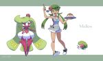  1girl :d bangs banned_artist commentary_request dark-skinned_female dark_skin flower food footwear_ribbon full_body green_eyes green_footwear green_hair green_headband green_ribbon grey_overalls headband holding holding_ladle holding_plate knees ladle long_hair looking_at_viewer mallow_(pokemon) nin_(female) open_mouth overall_shorts overalls pink_flower pink_shirt plate pokemon pokemon_(anime) pokemon_(creature) pokemon_sm_(anime) ribbon shaymin shirt shoes smile swept_bangs teeth tongue tsareena twintails upper_teeth 