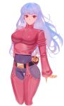  1girl arms_behind_back bangs belt blue_hair bodysuit breasts cowboy_shot dan_koflove gloves highres kula_diamond long_hair looking_at_viewer medium_breasts purple_eyes simple_background the_king_of_fighters v white_background wide_hips 