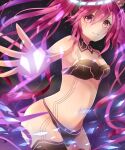  1girl ahoge bangs bemani bikini black_bikini black_collar breasts collar detached_collar grace_(sound_voltex) hair_between_eyes headset long_hair looking_at_viewer pink_eyes pink_hair rushin small_breasts smile sound_voltex strapless strapless_bikini swimsuit twintails 