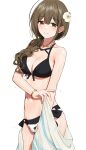  1girl bangle bare_shoulders bikini black_bikini blush bracelet breasts brown_eyes brown_hair cleavage closed_mouth collarbone cowboy_shot curly_hair flower front-tie_top gin00 hair_flower hair_ornament hair_over_shoulder highres idolmaster idolmaster_shiny_colors jewelry kuwayama_chiyuki long_hair looking_at_viewer medium_breasts necklace ponytail see-through side-tie_bikini_bottom simple_background smile solo swimsuit two-tone_bikini water_drop wet white_background white_flower 