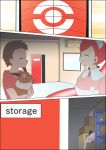  absurd_res bandage brown_hair comic eevee eyes_closed female feral generation_1_pokemon hair hi_res human male male/female mammal nintendo nurse_joy open_mouth pink_hair plushie pokemon pokemon_(species) short_hair storage_room trainer video_games 